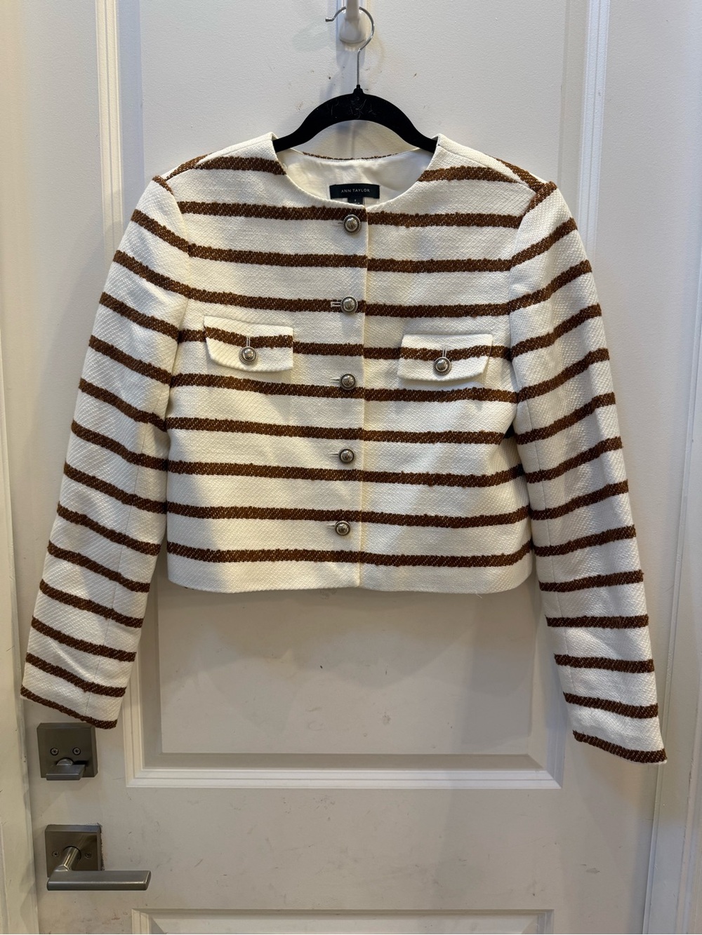 Ann Taylor White and Brown Striped Cropped Jacket